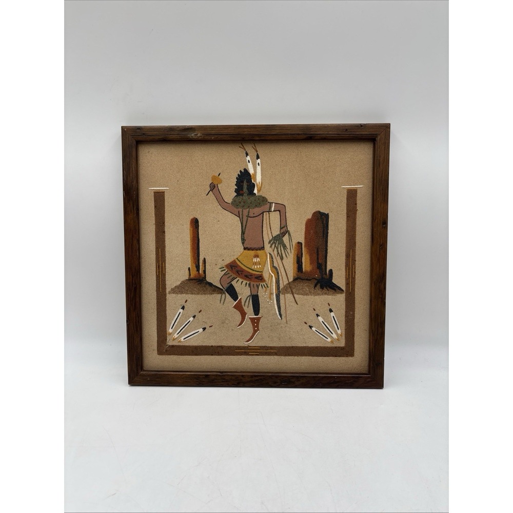 Vintage Navajo Sand Painting From Arizona Figure Dancing 17" Frame